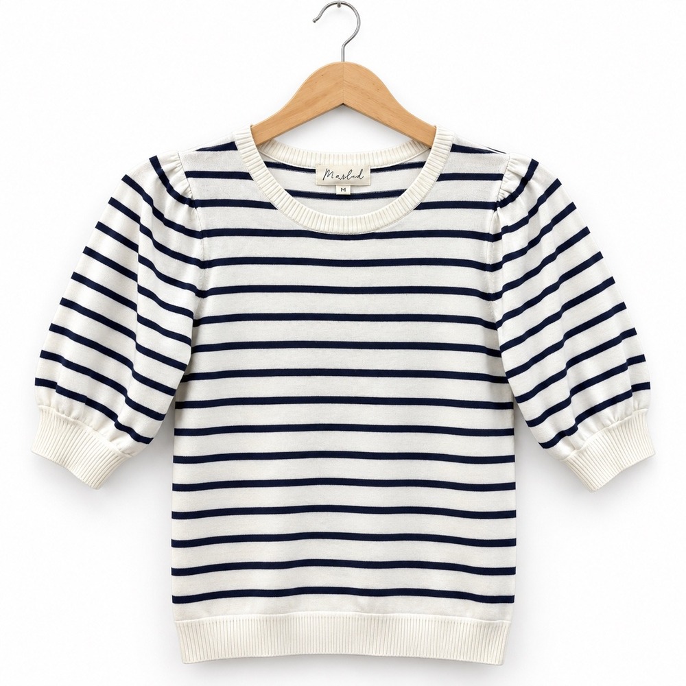 Marled Womens Navy White Striped Puff Short Sleeve Knit Sweater Top Size Medium